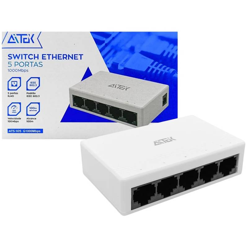 SWITCH DE INTERNET GIGA 5 PORTAS RJ45 10/100 /1000 ATS-105G AITEK