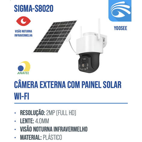 CÂMERA SOLAR FULLCOLOR 2MP + 2MP ONVIF COM BATERIA INTERNA APP YOOSEE SIGMA-S8020 AITEK