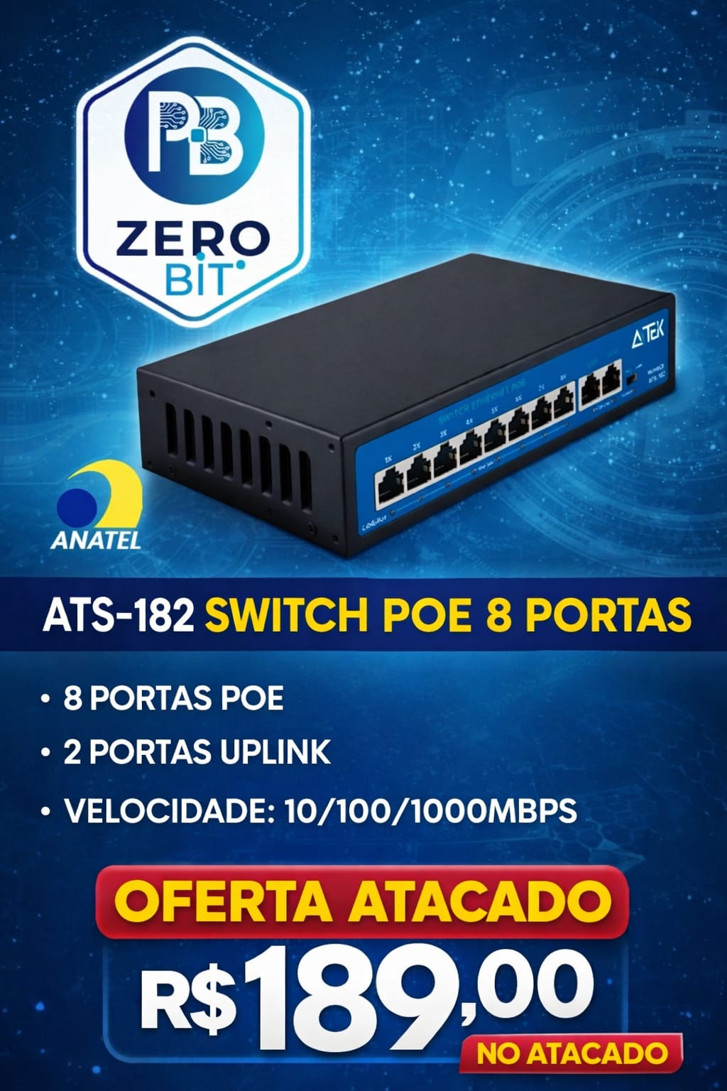 SWITCH POE 8 PORTAS RJ45 10/100/1000 UPLINK 2 SFP 1 ATS-1082 AITEK